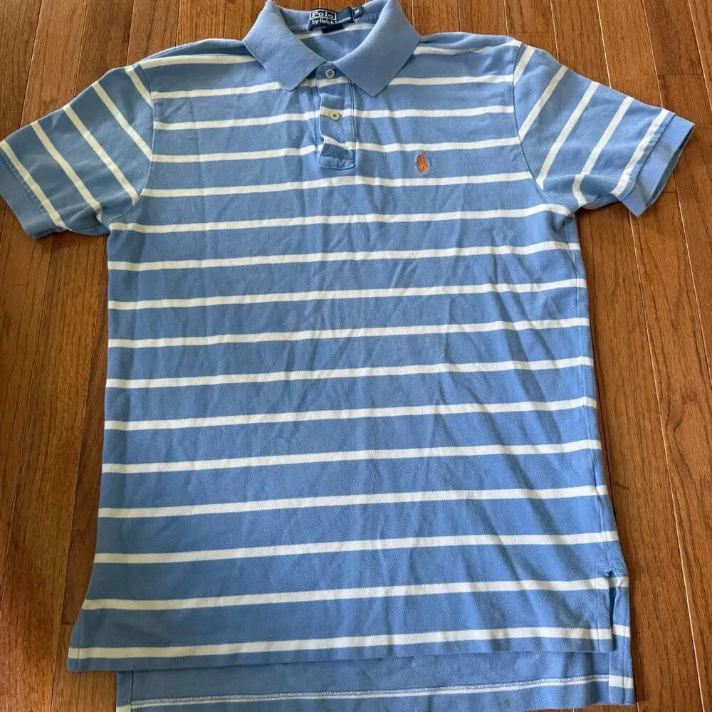 Polo Ralph Lauren | Blue/White Stripe Orange Pony Casual Polo Shirt Size Medium